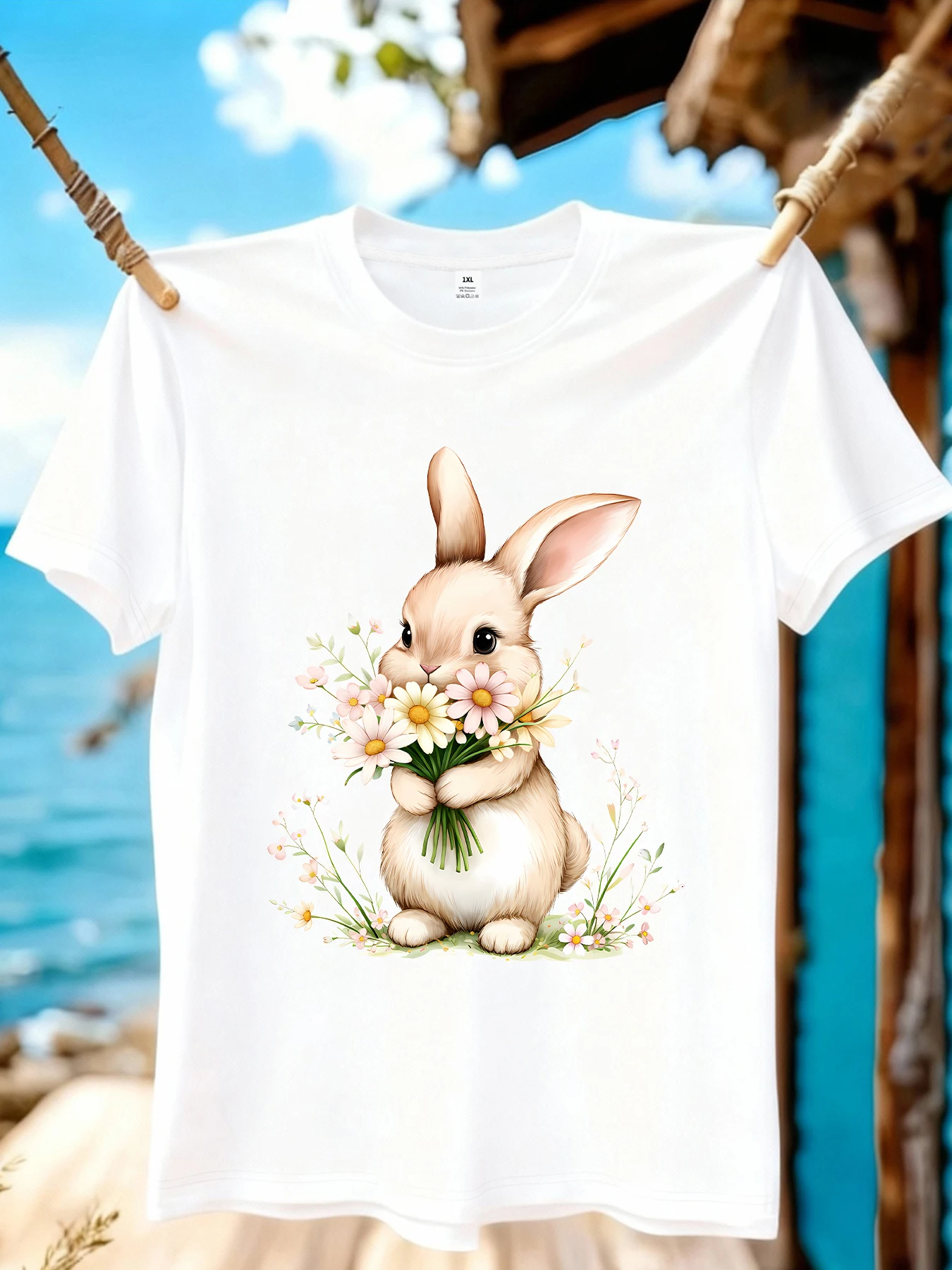 

【WZM109127】Женская футболка больших размеров с милым принтом кролика, круглым вырезом, летняя, повседневная, с короткими рукавами, в уличном стиле, универсальная.