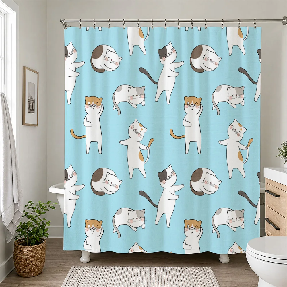 Cute Cat Pattern Shower Curtain Waterproof Bathroom Decor Kawaii Cartoon Animal Print Shower Liner for Modern Home Bathroom Acce