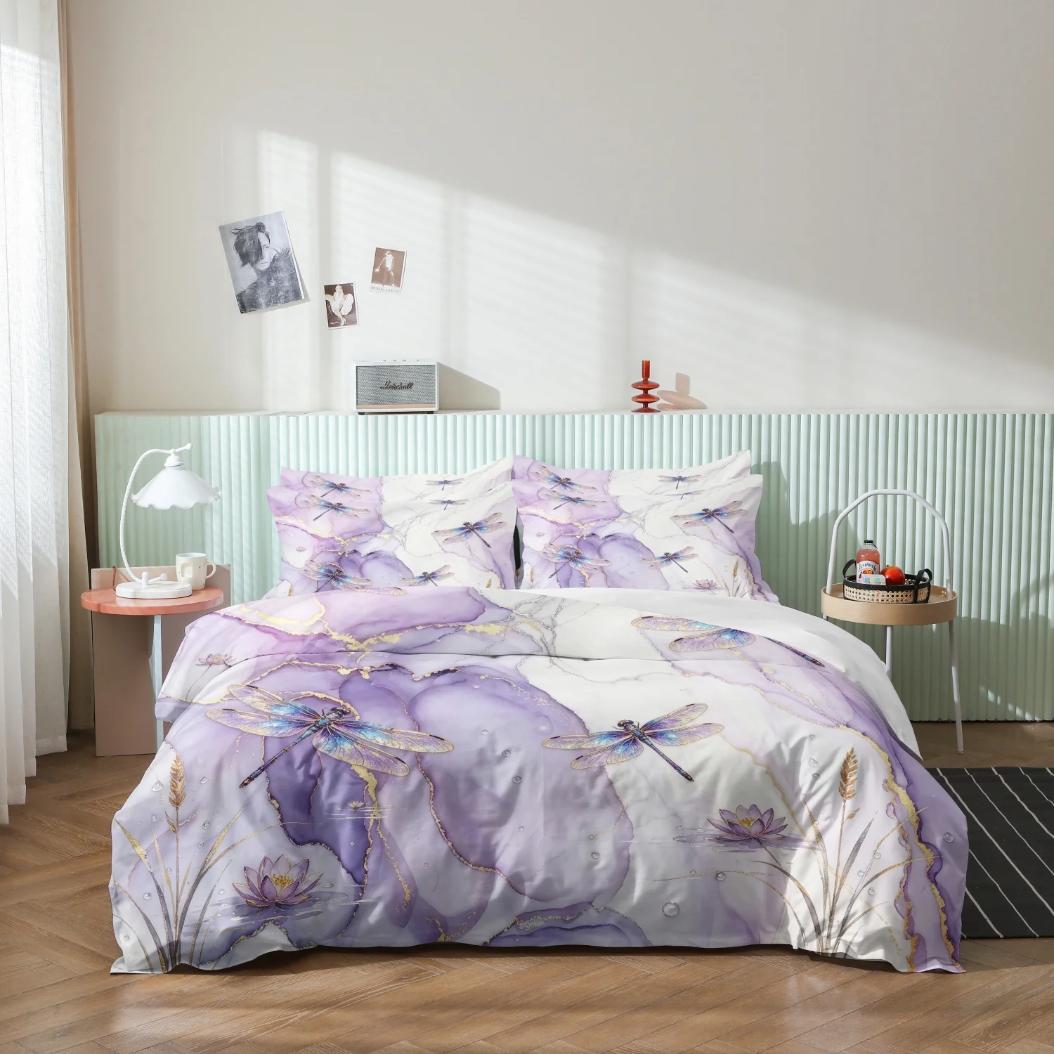 3Pcs Ethereal Purple Marble Dragonfly Print Duvet Cover Set, Gold Foil Veins with Watercolor Lotus Flowers Print Bedding