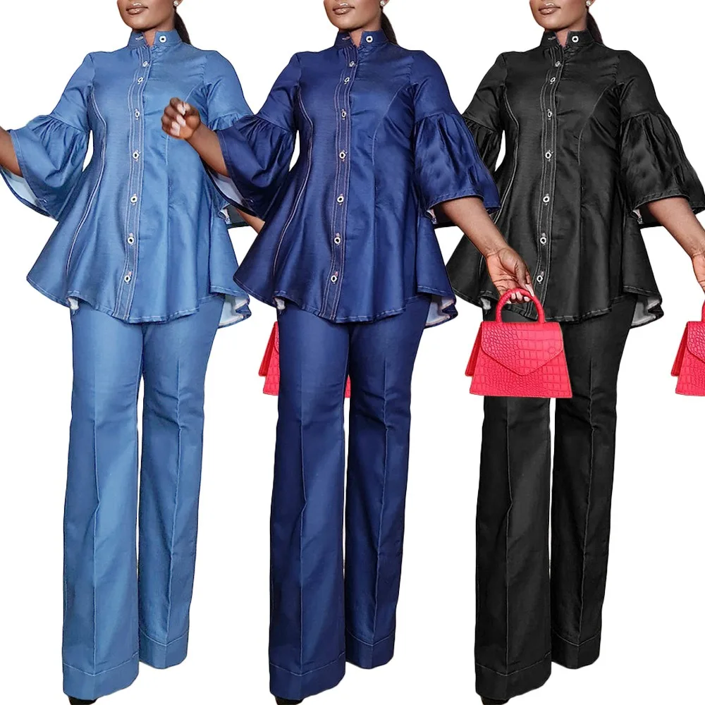 L-3XL 2024 Fashion African Women Clothing Pant Suits Solid Color Half Sleeve Casual Elegant Plus Size Two Piece Sets Wholesale