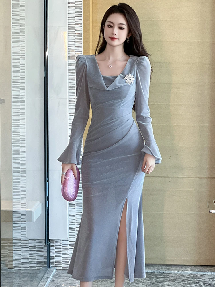 Retro Elegant Long Dresses for Women Sweet Sexy Puff Sleeve Folds Bodycon Slit Robe Female Evening Party Vestidos Catwalk Gown