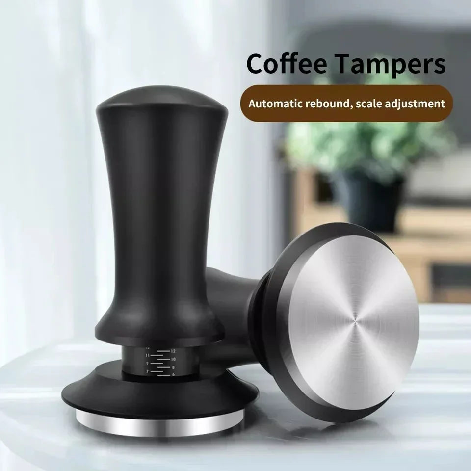 49mm/53.3mm/58.5mm Springs Stainless Calibrated 30lb Coffee Tamper With Steel Height Scale Espresso Tamping Base Adjustable Flat