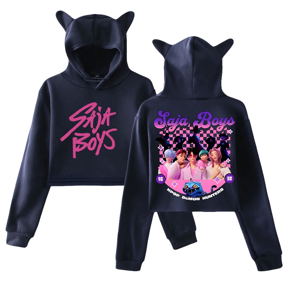 KPop Demon Hunters Saja Boys Merch Hoodie 2025 ภาพยนตร์การ์ตูนแมวหูHooded SweatshirtแขนยาวCrop Topผู้หญิงเสื้อผ้า