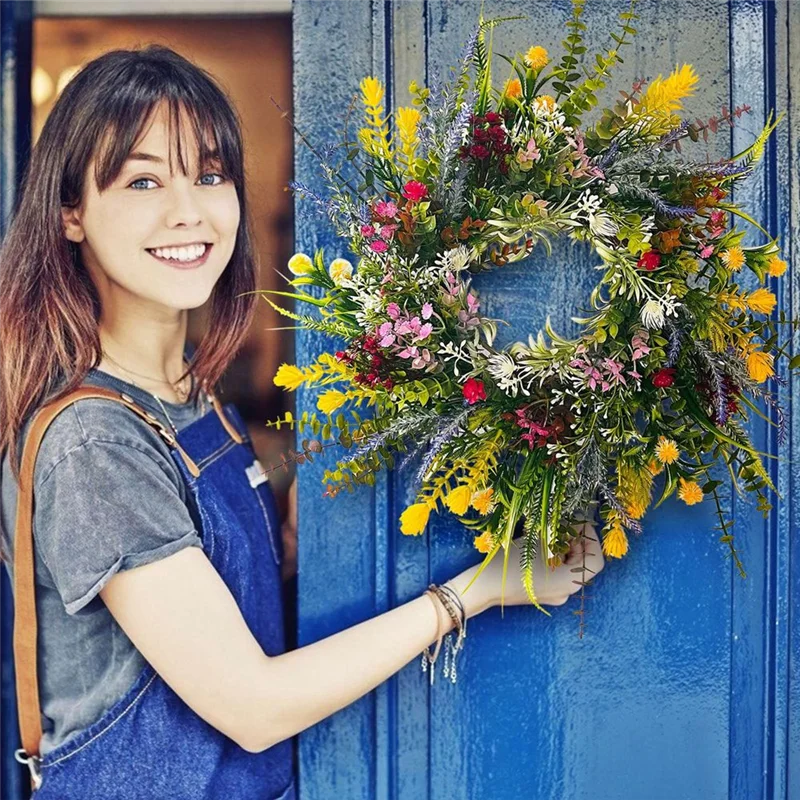 ABNP Ghirlande primaverili per porta d'ingresso 18 pollici all'aperto Benvenuto Fiori estivi Verde resistente alle intemperie Ghirlande rotonde per tutte le stagioni