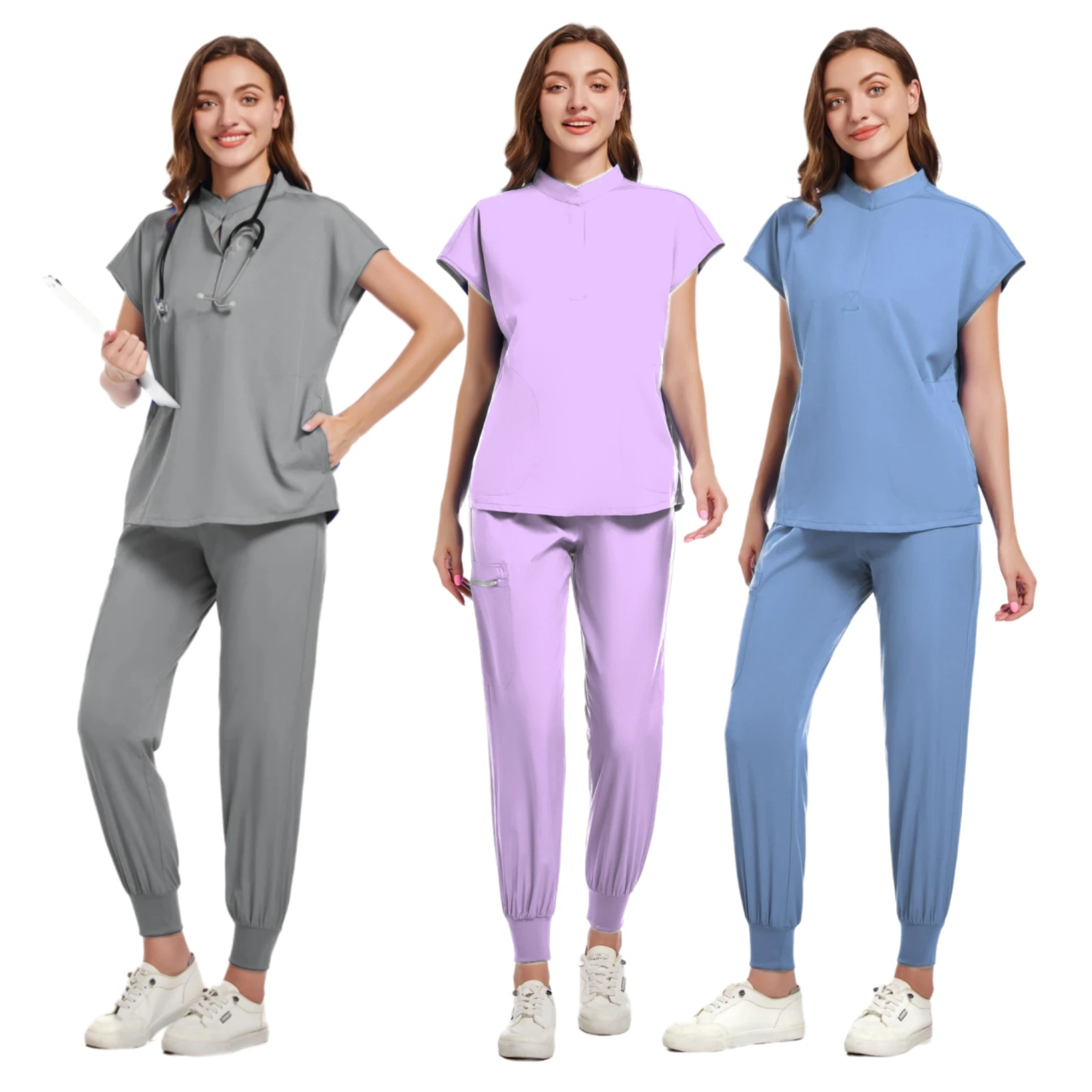 Conjunto de ropa de trabajo de esteticista suave antiarrugas elástico, secado rápido, lavable, uniforme de enfermería, sin mangas