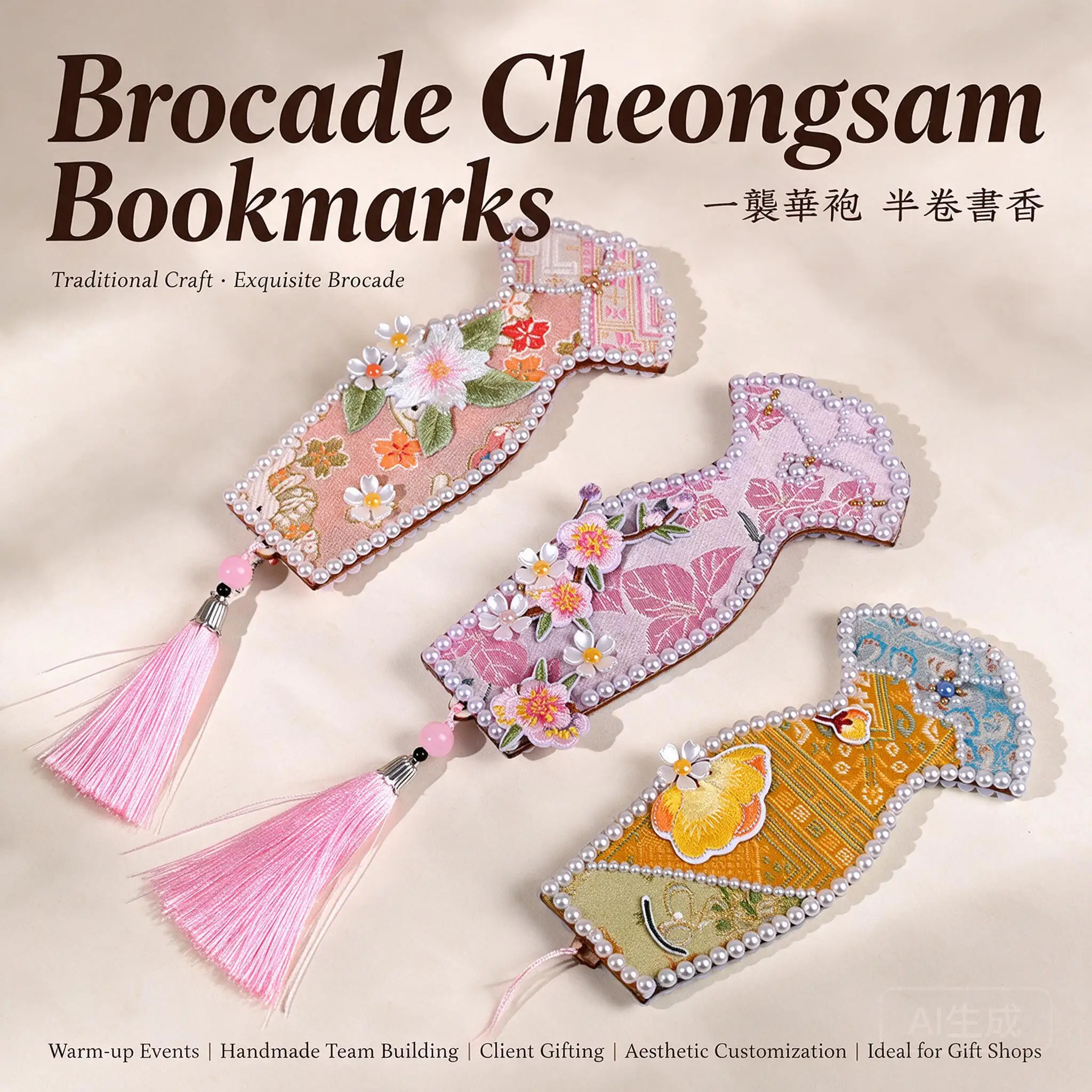 Diy Chinese Brocade Cheongsam Bookmark Handmade Material Kit Pearl Tassel Craft For Book Lovers Team Building Fun Activity Gift