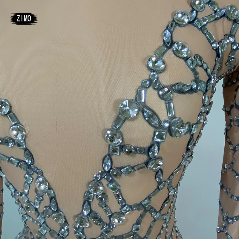 Sparkly Rhinestones Tassel Bodysuit Sexy Nude Mesh Transparent Nightclub Show Dance Costume Bar DS Singer Stage Performance Wear