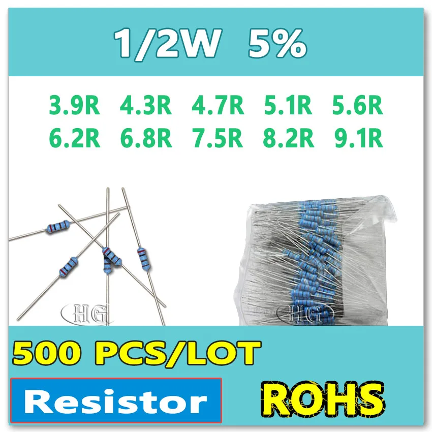 

JASNPROSMA 500PCS/LOT 5% 1/2W 3.9R 4.3R 4.7R 5.1R 5.6R 6.2R 6.8R 7.5R 8.2R 9.1R carbon film DIP OHM Resistor
