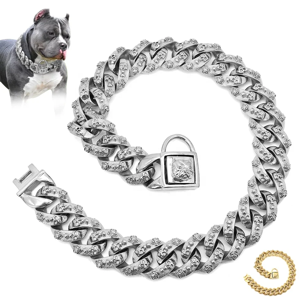 32mm Wide Gold Dog Chain Collar Skull Stainless Steel Pet Chains Collar for Large Dogs Heavy Strong