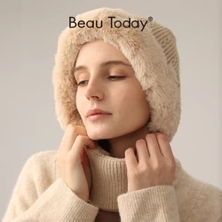 BeauToday Winter Knitted Hat Women Faux Fur Ear Protection Beanies Female Hooded Neck Collar Adjustable Earflap Caps 96502