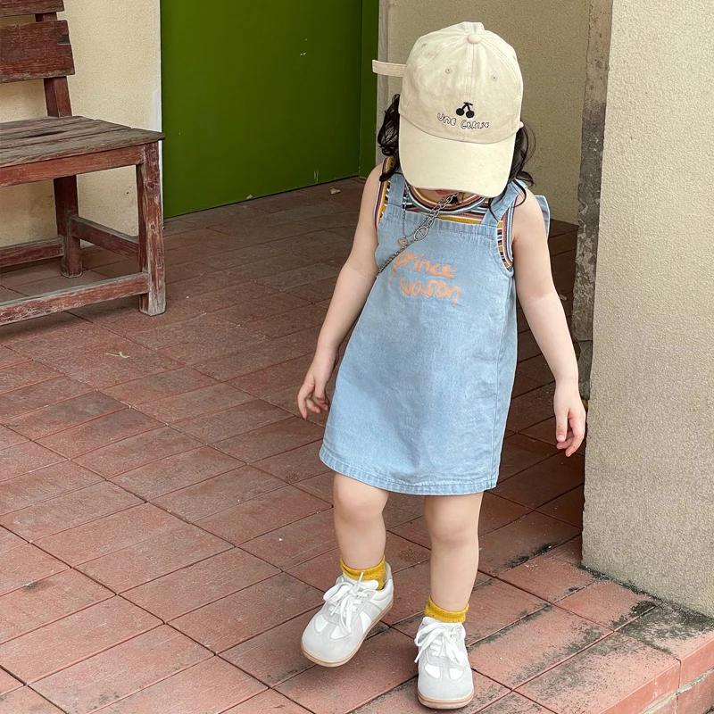 Baby Girl Dress with big bow-knot comfy soft jean Girls dress toddler girl butterfly dress letter pattern print denim dress
