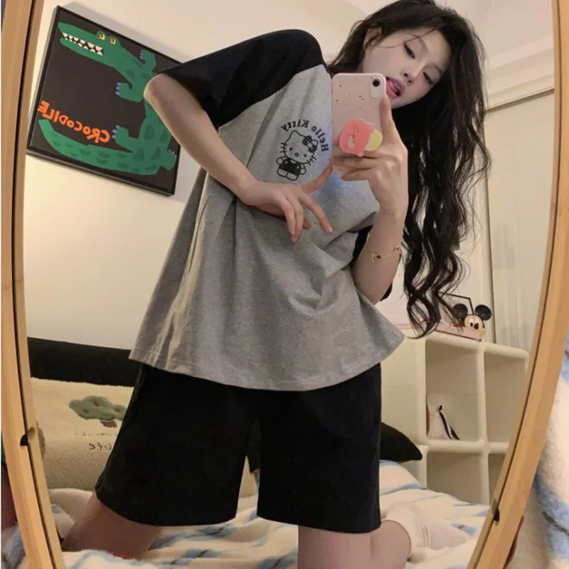 Sanrio Pajamas Women's Summer Short-sleeved Hello Kitty Shorts Cartoon Fresh and Loose Large Size Internet Loungewear Set Gift