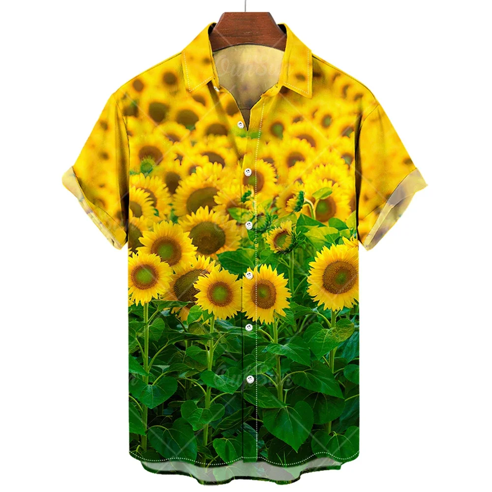 Sunshine sunflower print Hawaiian men\'s beach style short-sleeved shirt loose casual large size men\'s shirt 2023 new style