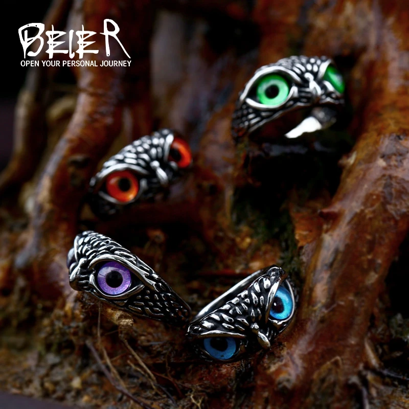 Steel Soldier wholesale Men Stainless Steel mosaic eye Ring Cool Style owl Animal Ring Fashion Punk