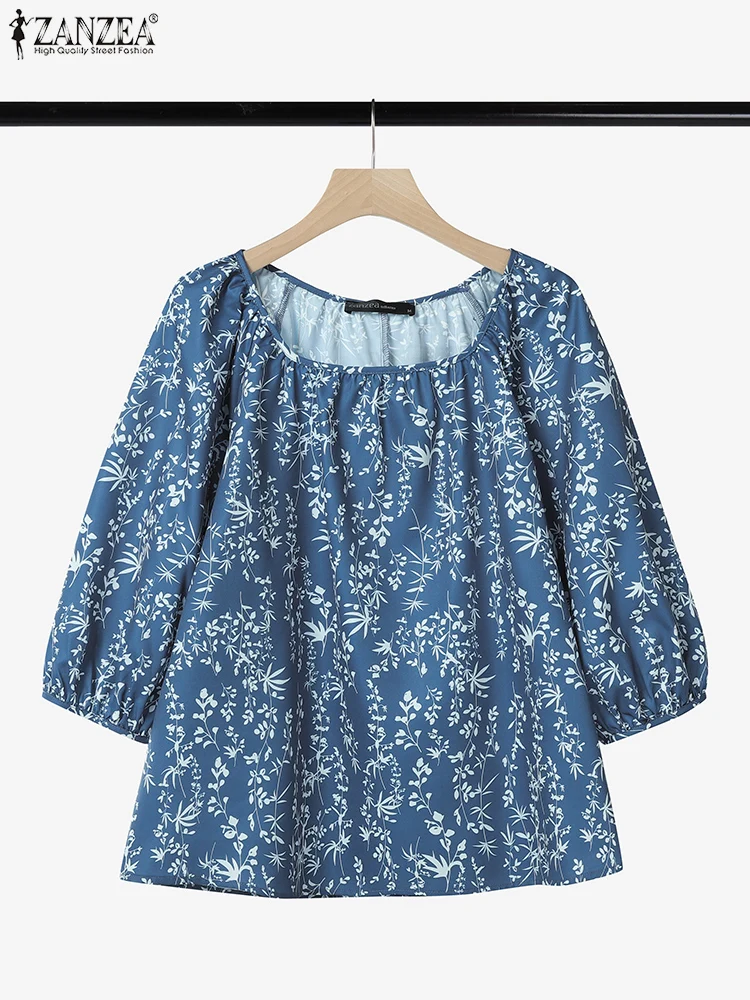 

2025 ZANZEA Women Summer Floral Print Blouse Boehmain 3/4 Sleeve Holiday Shirt O Neck Loose Blusas Square Neck Tops Oversize