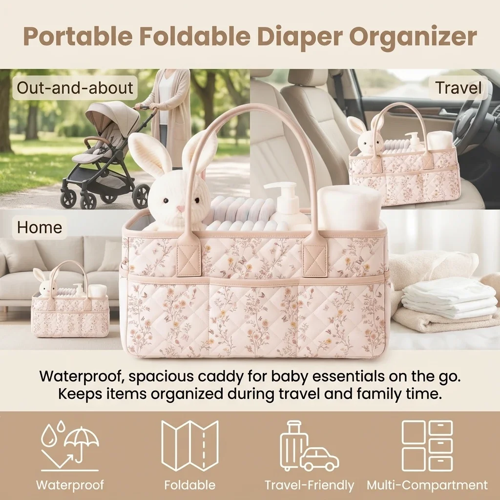 Oxford Cloth Diaper Caddy for Baby Nursery Care Foldable Quilted Storage Basket Waterproof Organizer Durable Travel Bag
