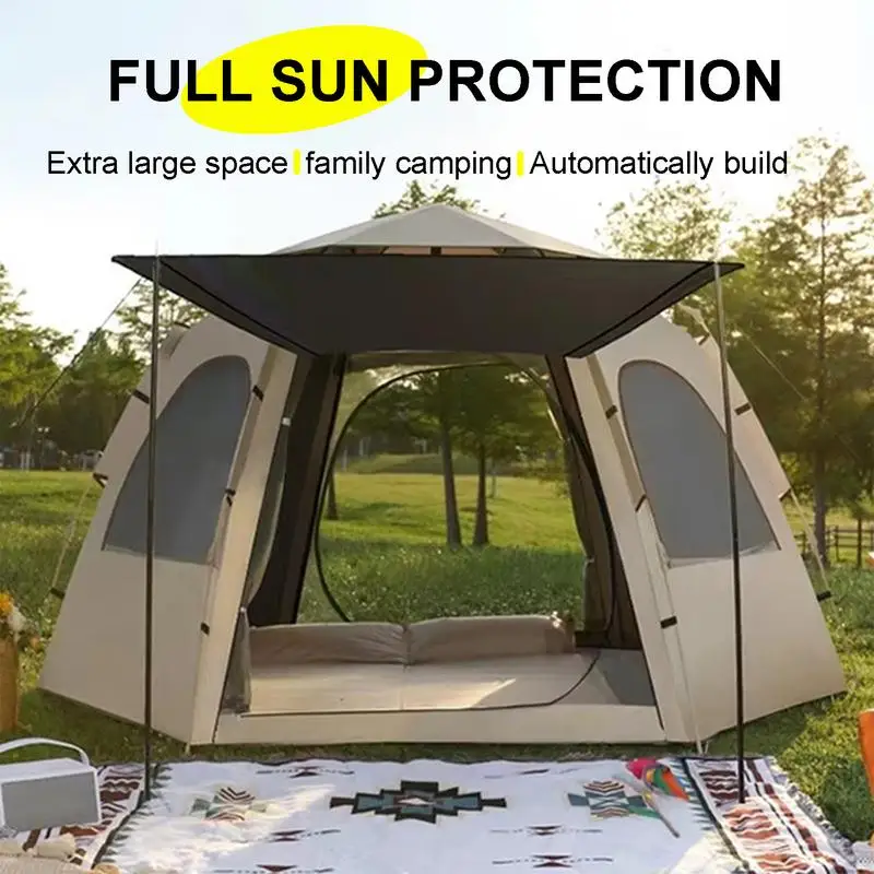 Portable Camping Automatic Tent With Windows Waterproof Pop Up Dome Tent 5-8 Person Hexagonal Tent With Canopy For Camping