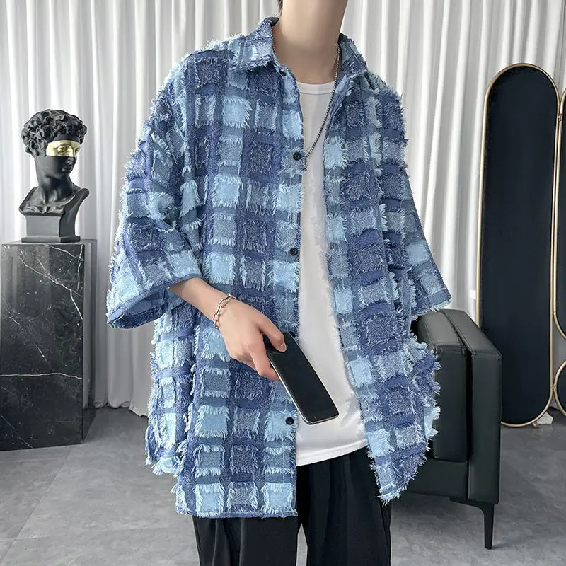 Summer Fashion Polo-neck Vintage Plaid Tassel Printing Shirt Male Half Sleeve Loose Casual Harajuku Y2K Cardigan Top Men Blouse