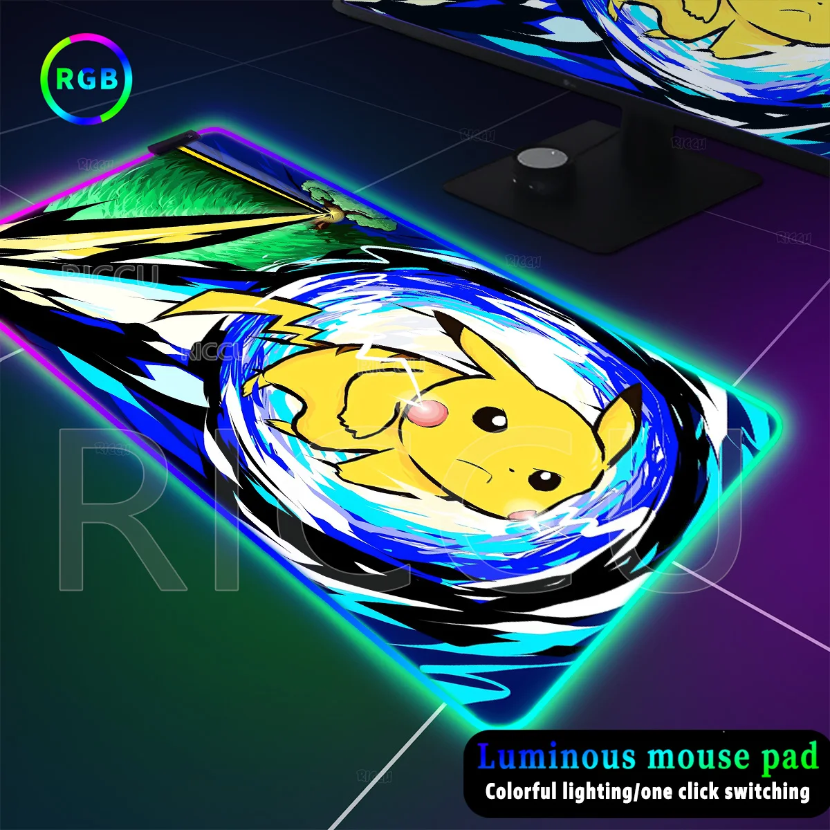 

RGB LED Glowing Kawaii P-pokemon Mouse Pad P-pikachu Large Backlight Gaming Laptop Keyboard Expansion Pad Stitch Edge Table Mat