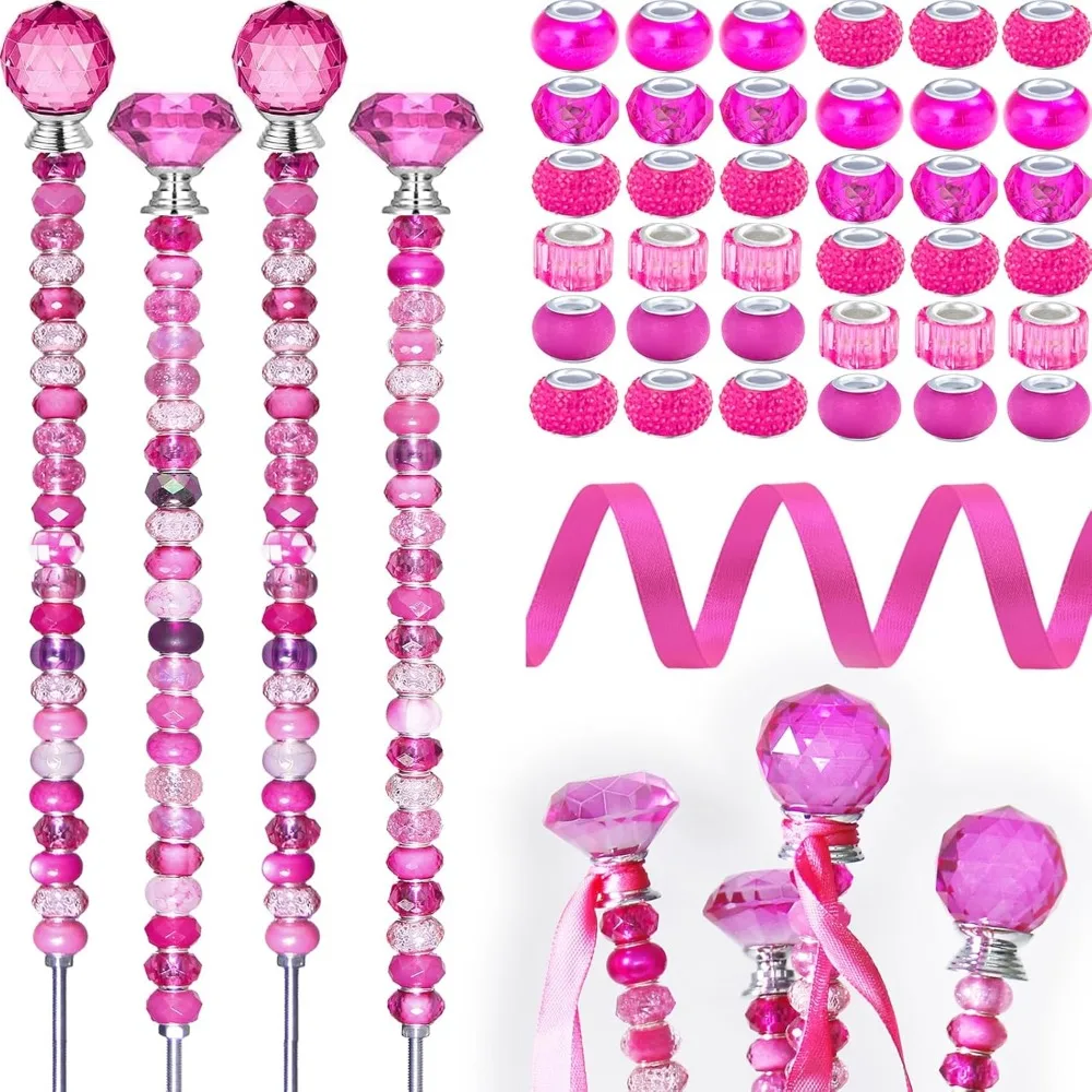 

119 Pcs Garden Stake Diy Fairy Wand Plant Stake with Rose Red Large Hole Beads Crystal Diamond Stopper Top 4 Stainless Steel Thr
