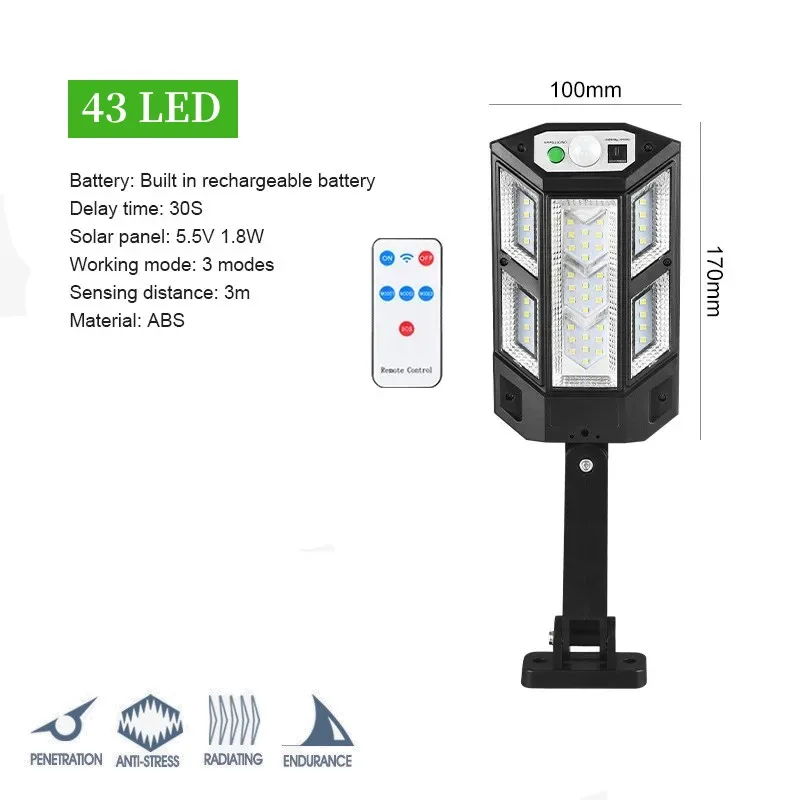 

JVEE 43LED Solar Lights Outdoor Motion Sensor RC IP65 Waterproof Powerful Solar Lamp Sunlight Garden Yard Street Wall Light