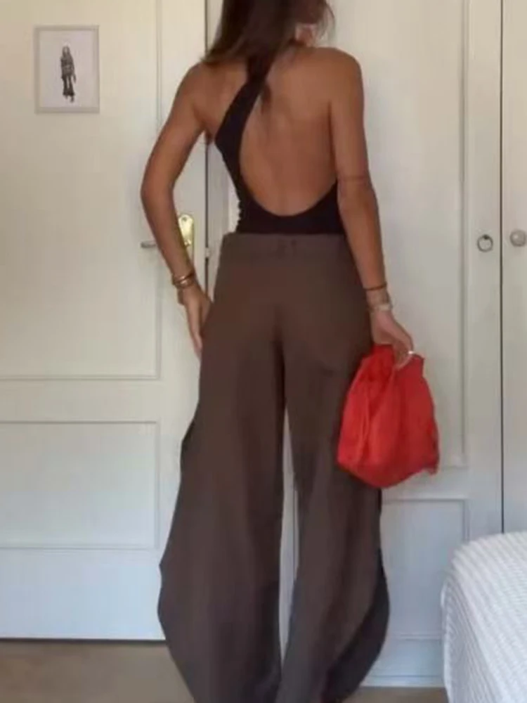 Casual cor sólida roupas de férias senhora sem mangas oco para fora magro duas peças design moda estilo slash colarinho topos & calças conjuntos