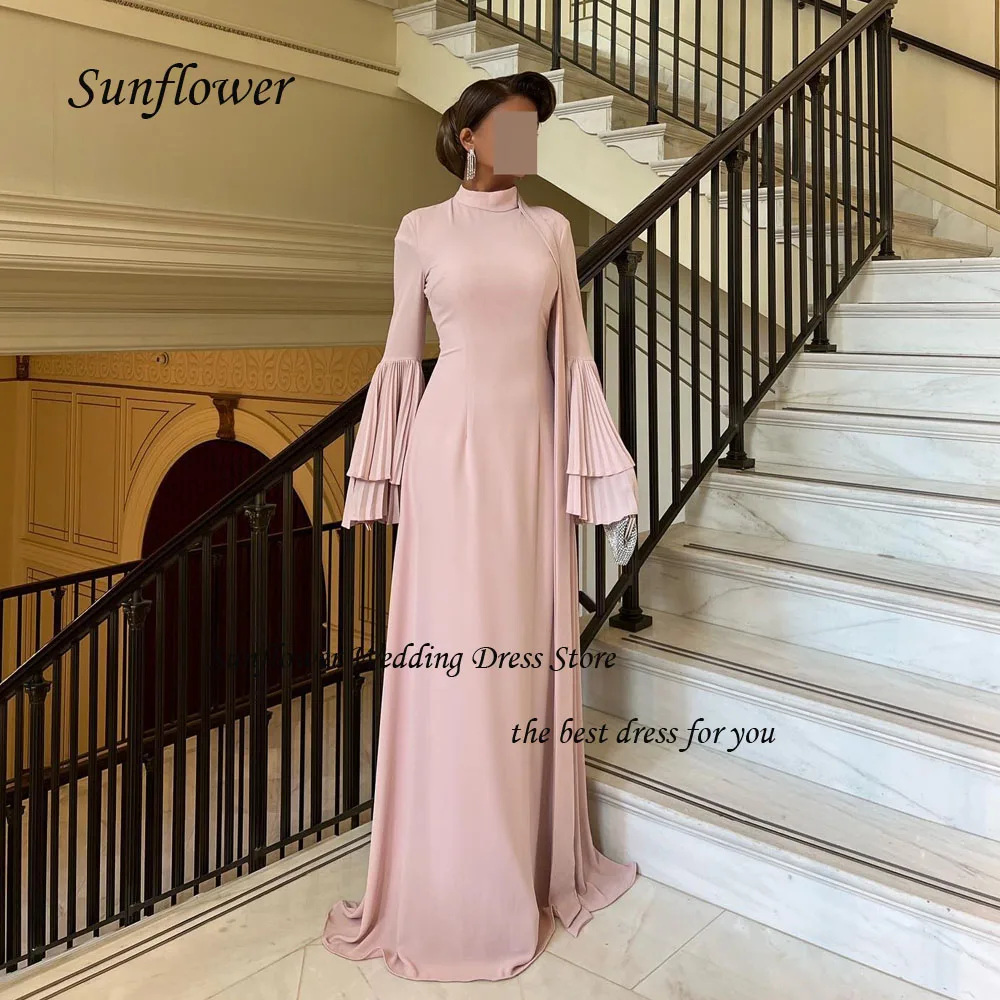 

Sunflower Pink High Neck Evening Dress Saudi Arabia 2023 Slim Crepe Long Sleeve Mermaid Prom dress Floor-Length Party Dress