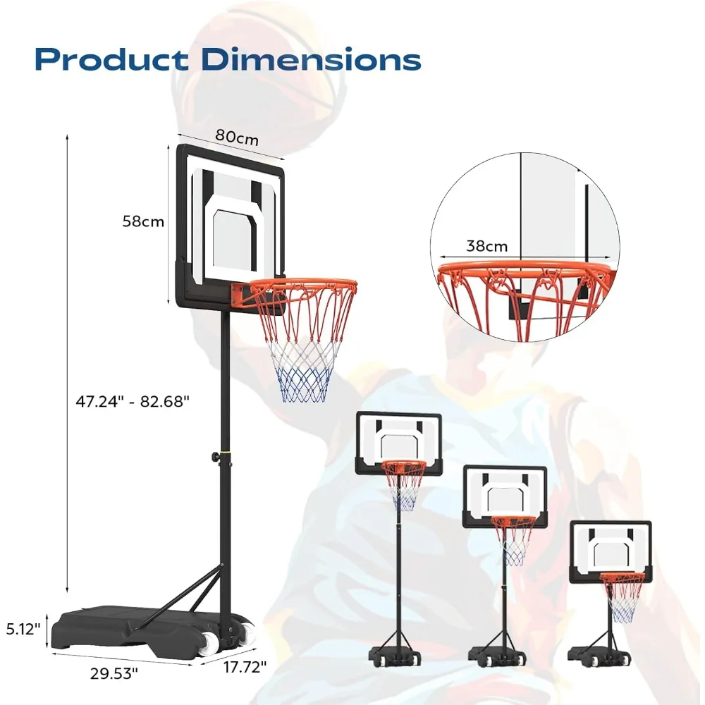 cesta de basquete de altura ajustável para piscinas, 3,9 a 6,9 pés, estrutura pe preta, base de água, bomba de ar e bola de borracha de 8 polegadas incluída