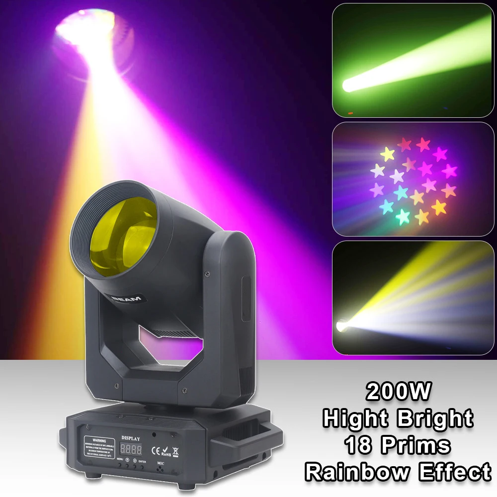 yuer led iluminacao de palco com cabeca em movimento feixe de alto brilho efeito de ponto do arco iris girar 18 prisma festa em casa casamento dj disco 200w 01