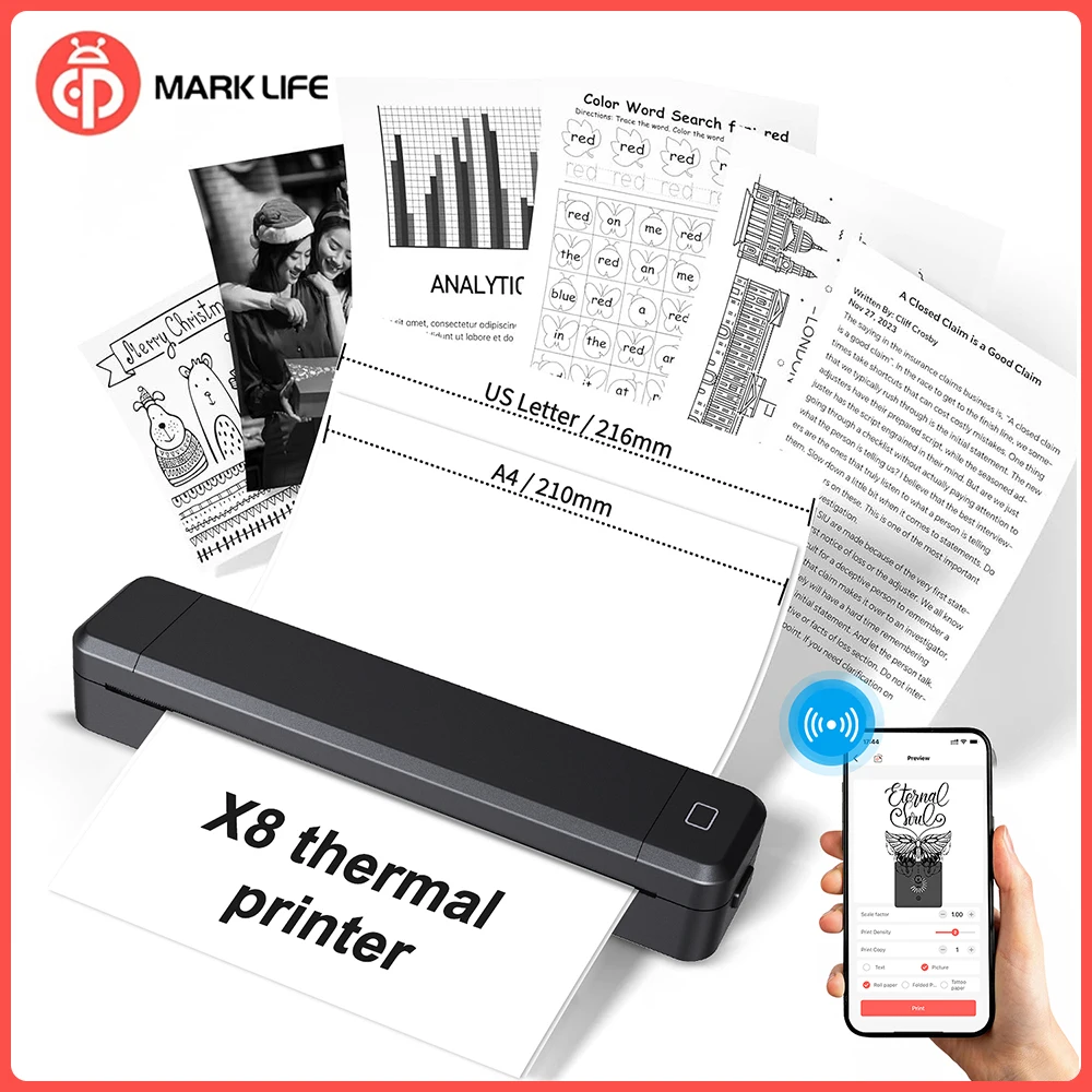 

Marklife Portable Mini A4 Thermal Printer Inkless Bluetooth Tattoo Printer Document Picture HD Printing Maker A4 Paper Printer
