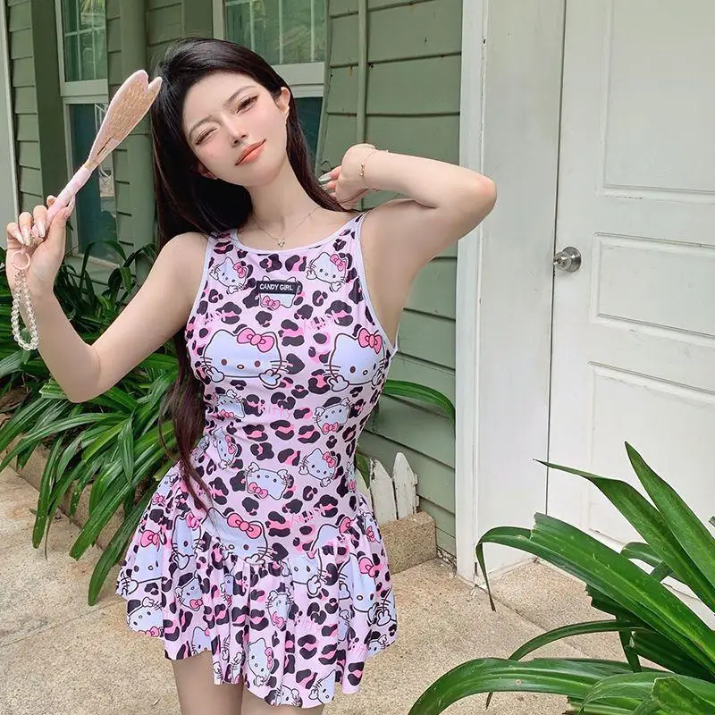 Купальник Sanrio Hello Kitty, бикини для девочек, стиль отпуска, сиамский спортивный коврик для бассейна, нагрудник, беспроводной тонкий стиль Ins