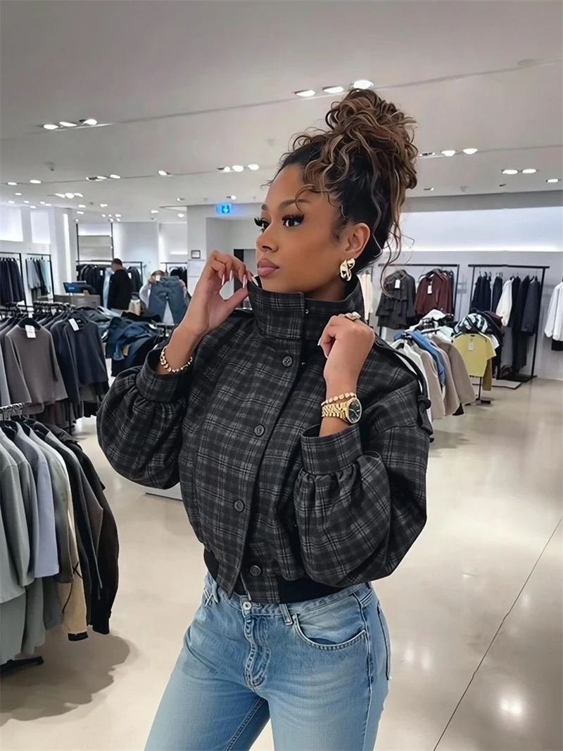 Guobioziy Women's Slim-Fit Plaid Bomber Jacket 2026 Spring-Autumn New Arrival European-American Casual Fashion Retro Streetwear