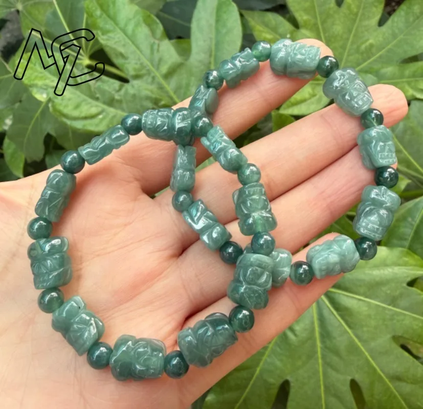 

Браслет из натурального изумрудно-голубого нефрита с бусинами Пи Сю, ручной работы, винтажный, резной, амулет, модное ювелирное украшение, подарок для женщин и мужчин