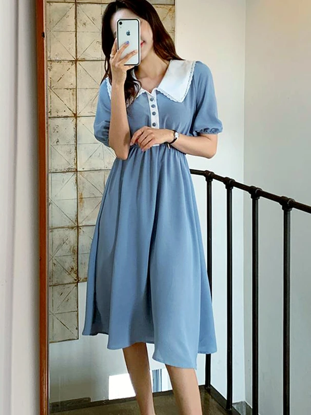 Fairy French Design Dresses Women Fashion Flhjlwoc Slim Elatic Waist A Line Light Blue Button Shirt Dress Chic Vestidos