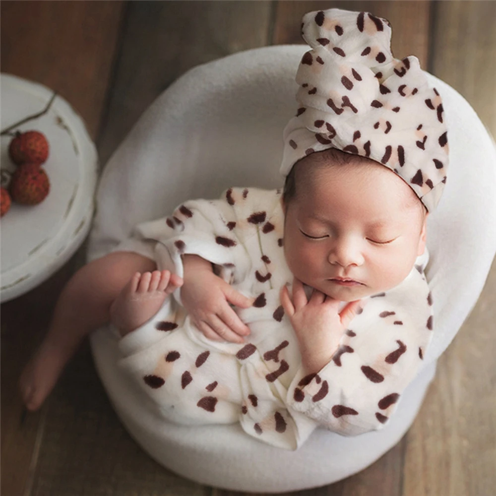 2pcs Set Scarf Bathrobes For Newborn Baby Photography Props Shower Robe Leopard Costume+Headband Shooting Photo Prop Accessories