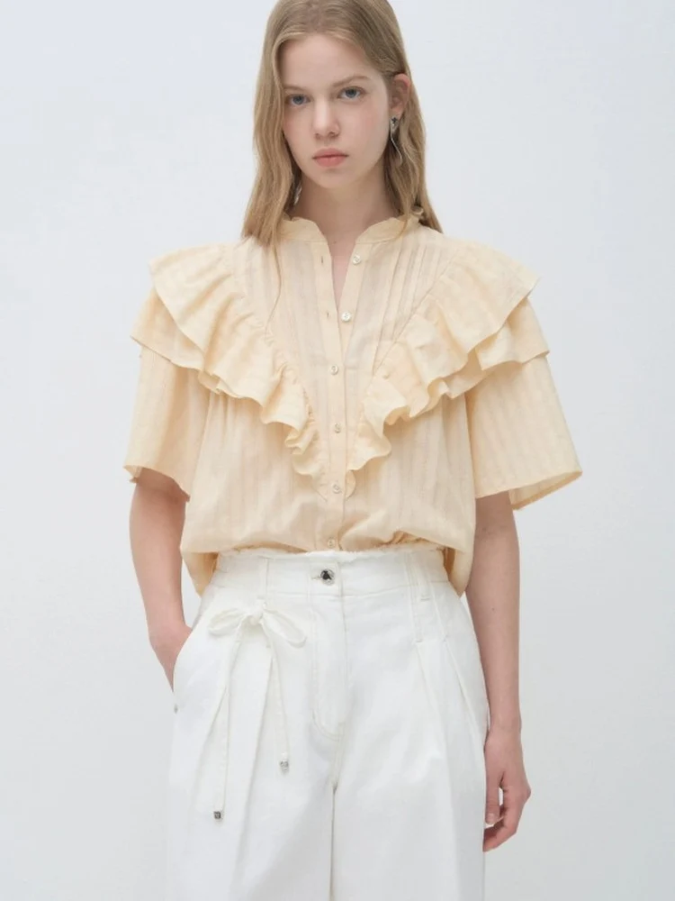 

Elegant Korean Style Loose Fit Comfortable Skin Friendly Cotton Blouse with Ruffle Hem Vertical Stripes Summer New Arrival