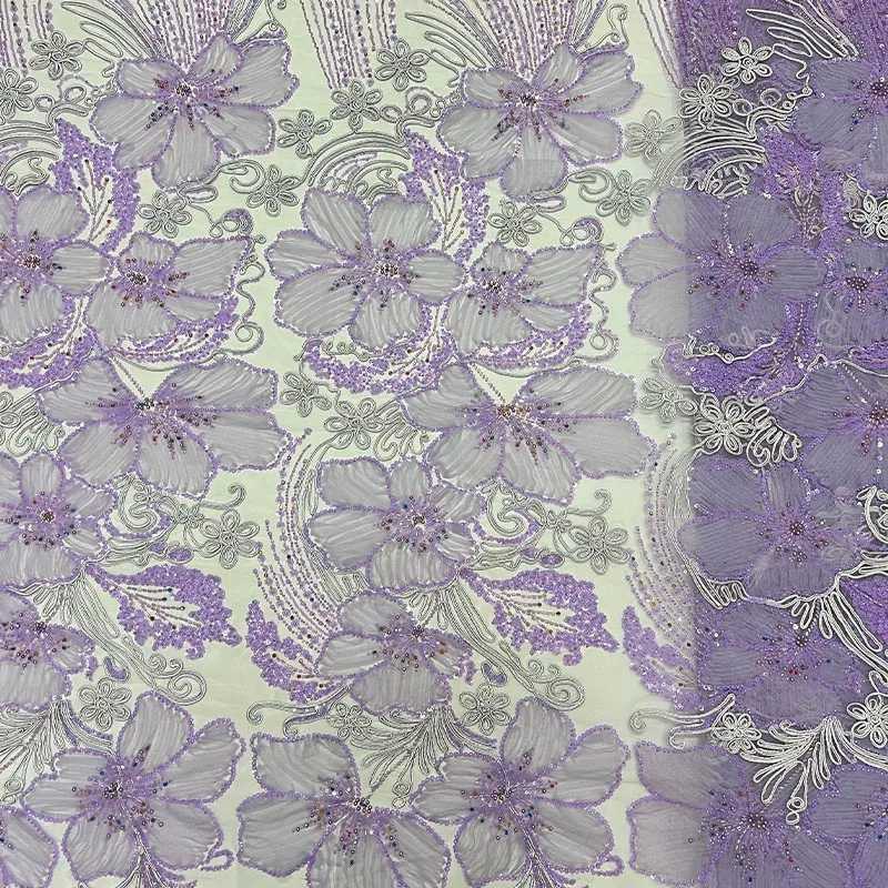 Tela de malla suave de 5 yardas, tela con flores tridimensionales hechas a mano con cuentas, tela personalizada por diseñador de vestidos de novia para confección de ropa.
