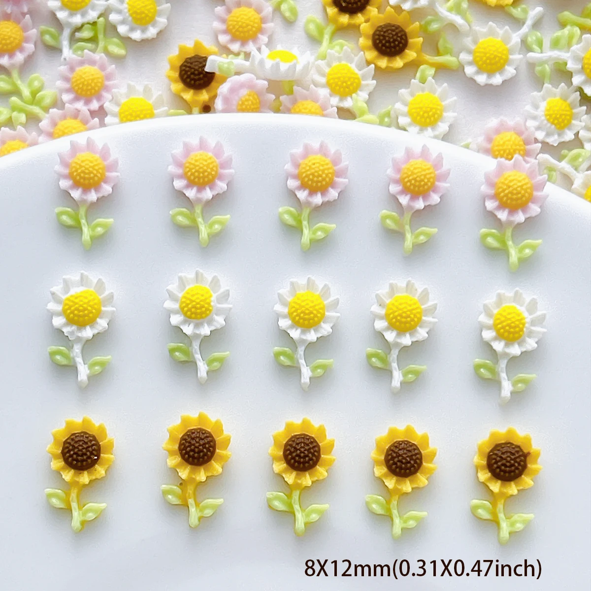50PCS Creative Sweet 3-Colors Sunflowers Nail Charms Minimalist Simulated Daisy Resin Nail Art Decorations DIY Nails Supplies