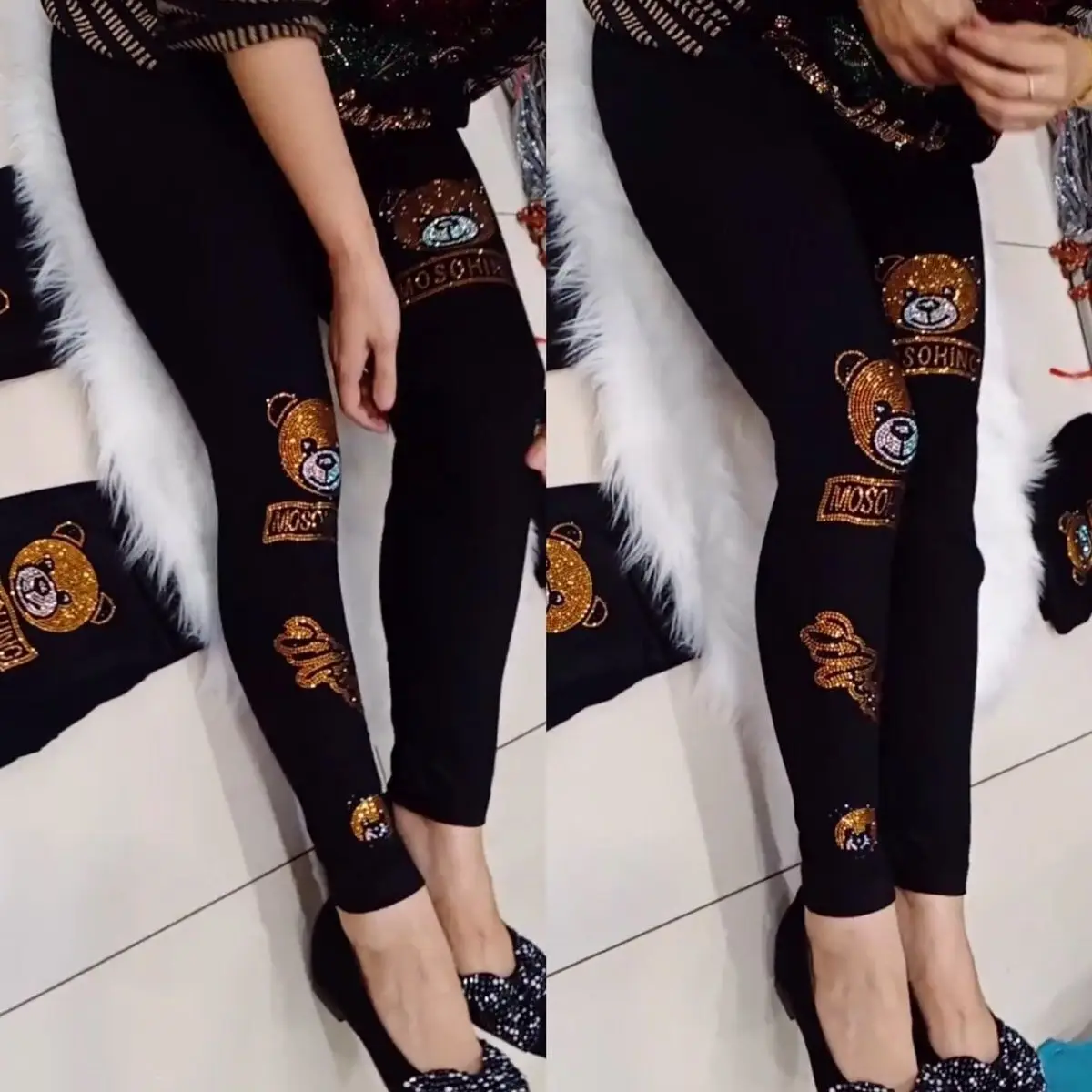 Sequin Bear Print High Waist Plus Size Pencil Trousers Shiny Black Women's Leggings Pants