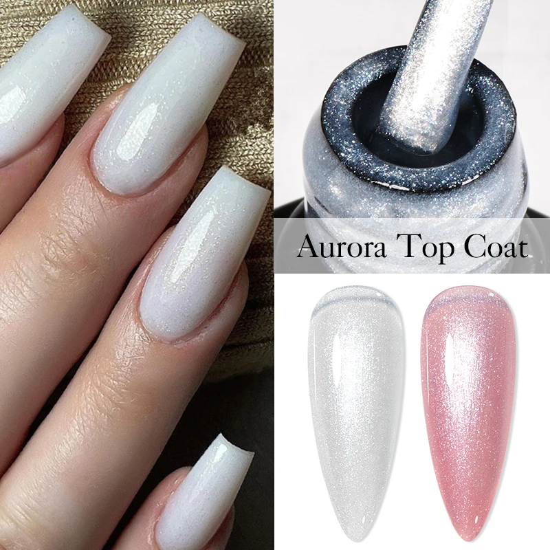 7ml Moonlight White Aurora Glitter Gel Nail Polish Top Coat Iridescent Pearl Effect Shining Semi Permanent Nail Art Gel Varnish