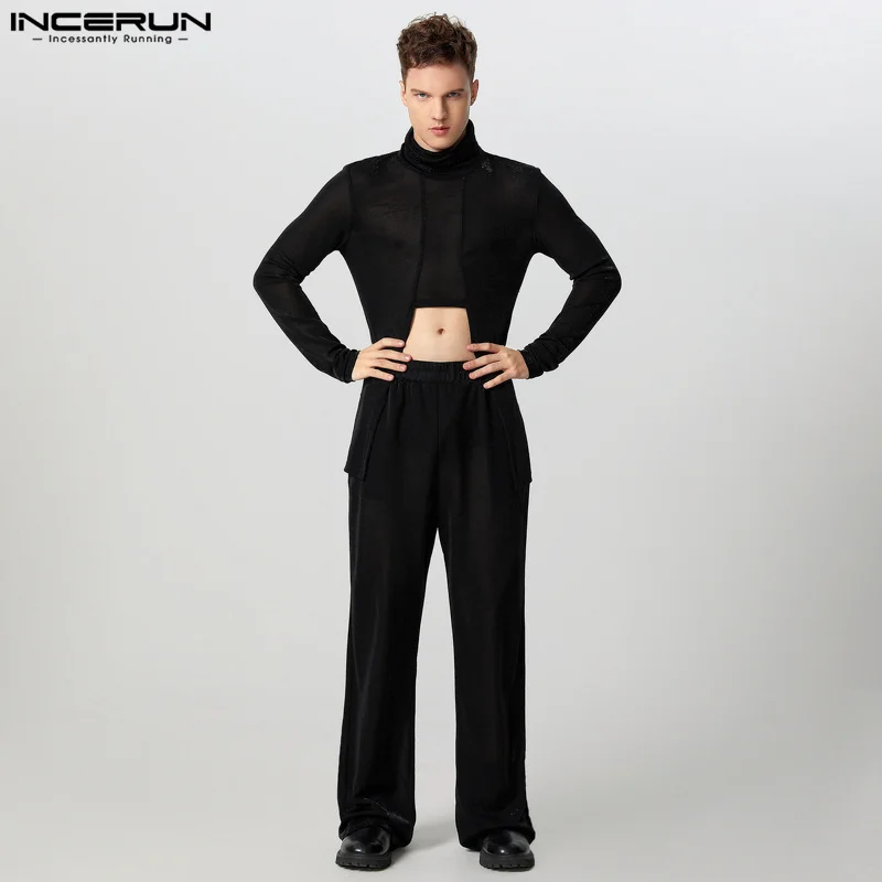 INCERUN American Style Sets Fashion Men Long Sleeved T-shirt Pants Handsome Male Casual Clubwear Sparkling Fabric Two-piece Sets