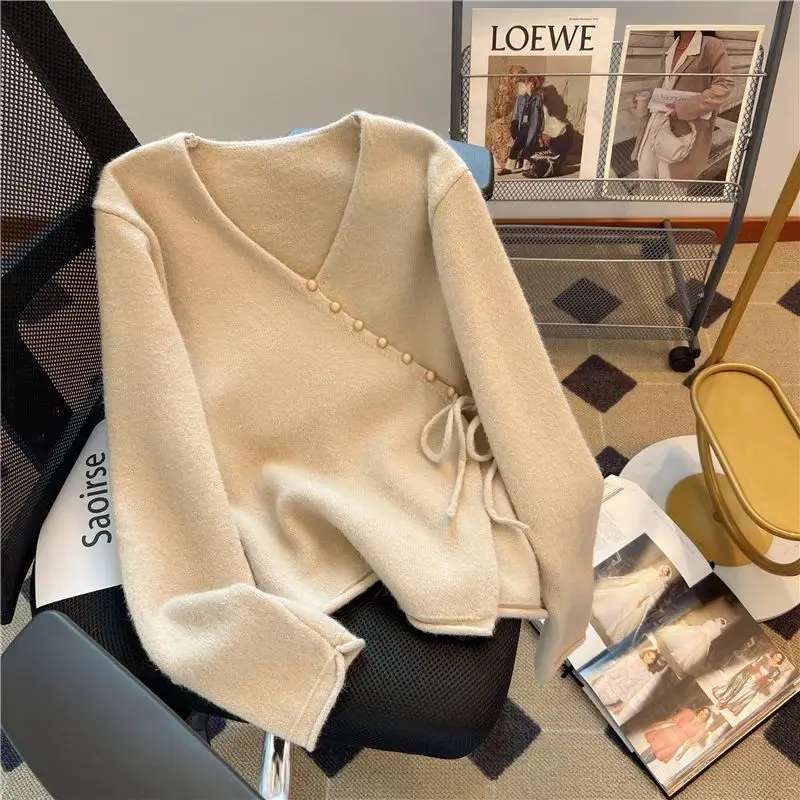 Female Clothing Vintage V-Neck Sweaters Fashion Irregular Drawstring Autumn Winter New Solid Color Casual Loose Knitted Cardigan