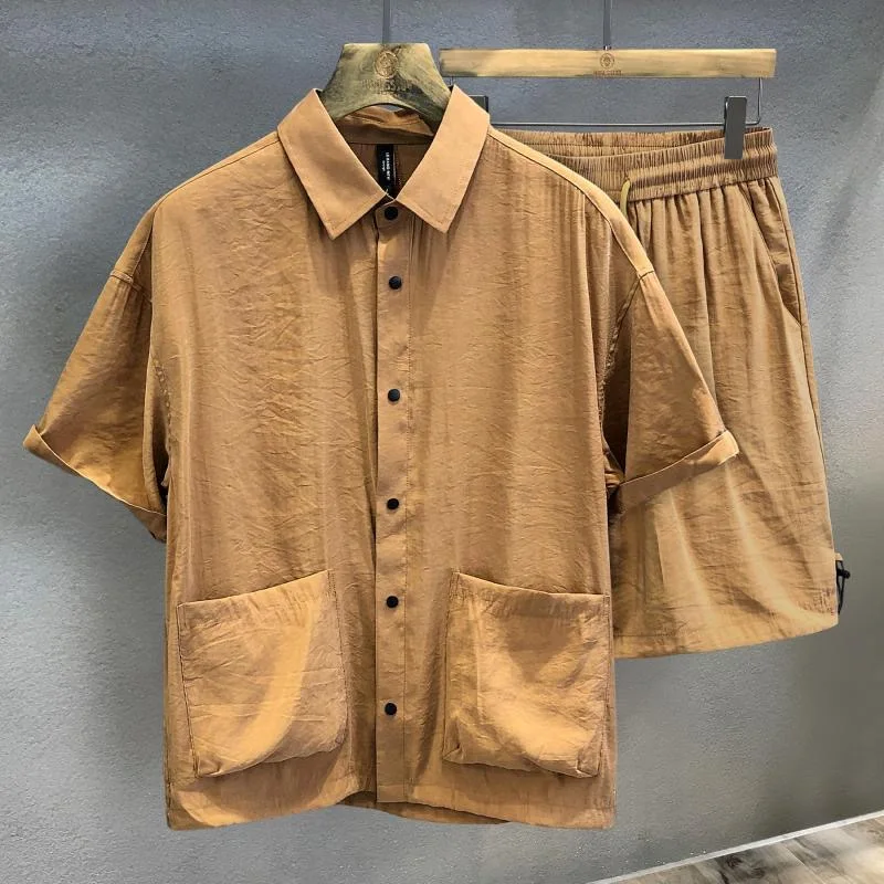 

Summer New Fashionable Solid Color Ice Silk Breathable Beach Shirt Set for Men's Casual Loose Sports High Quality Two piece Set