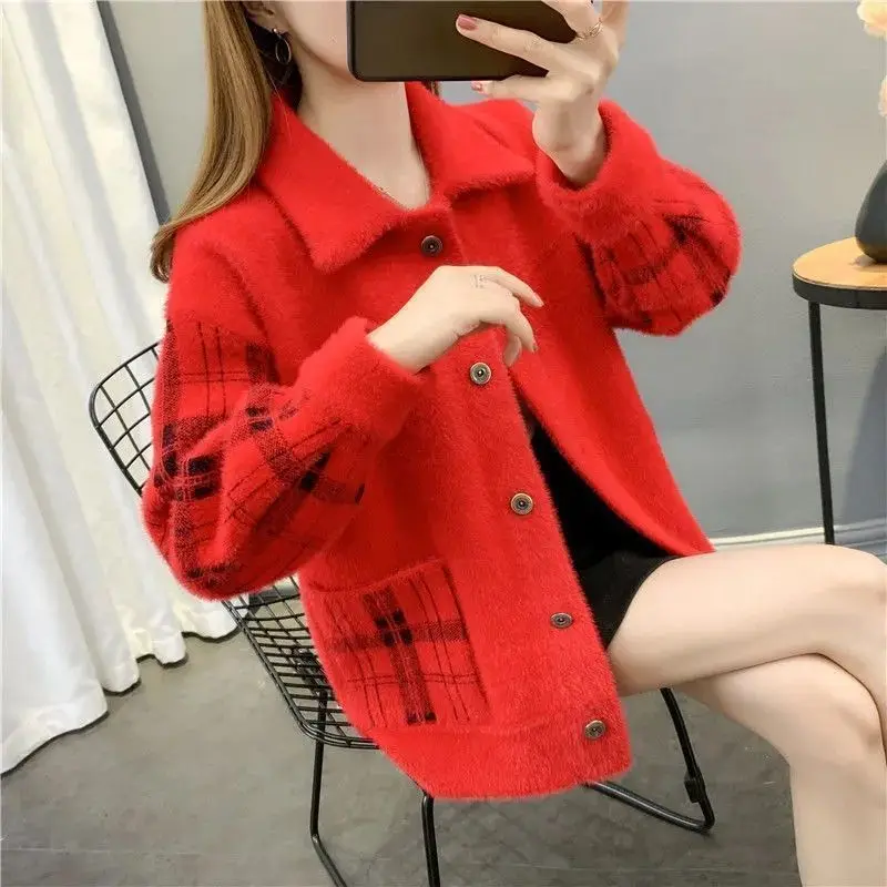 Autumn Winter Turn-down Collar Long Sleeve Fashion Outwear Women High Street Casual Printing Button Pockets Cardigan Warm Tops