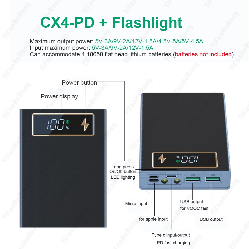 CX4 Portable 4x18650 Battery Charge Storage Box 5V Dual USB 15W PD Fast Type C Power Bank Case For Android Micro USB Smart Phone