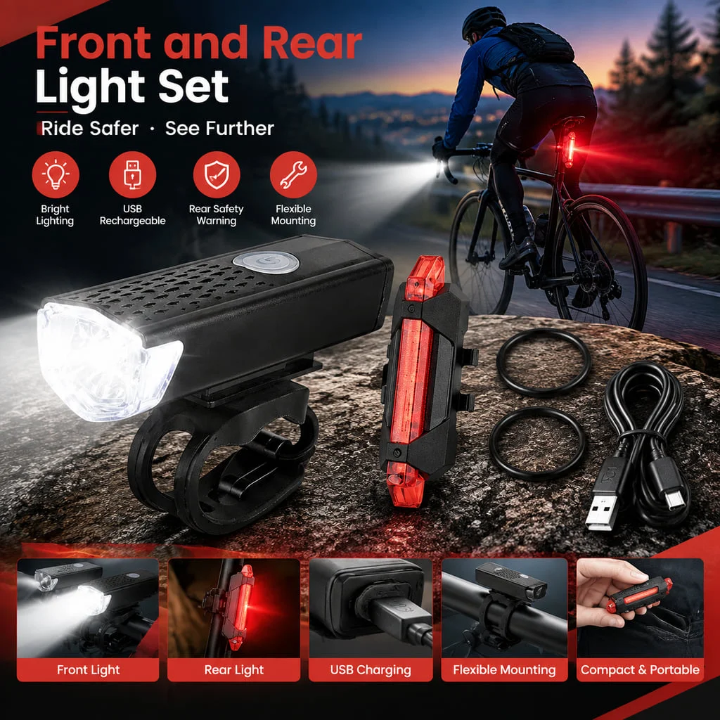 PINMOAP USB Rechargeable Bike Front and Rear Light Set Detachable Safety Warning Lamp for MTB Road Night Riding gallery 1