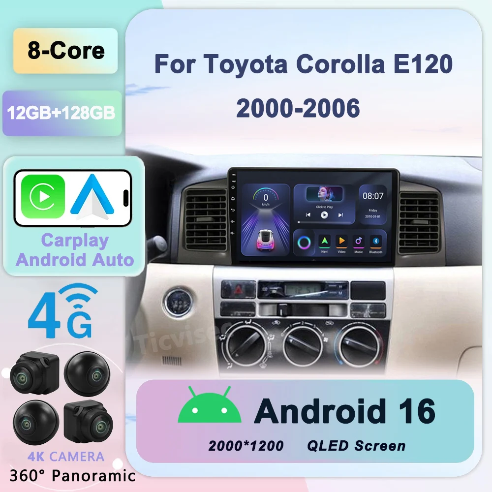 

2 Din Android 16 Car Radio Multimedia Player Navigation GPS For Toyota Corolla E130 E120 2000-2006 Carplay 2din Stereo