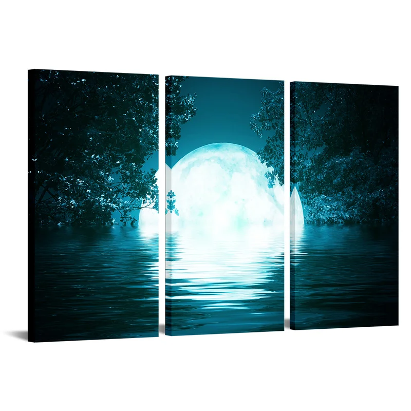 

3 Pieces Poster Home Decor Moon Over Water Print Canvas Art Night Scenery Modern Style Pictures Living Room Wall Art