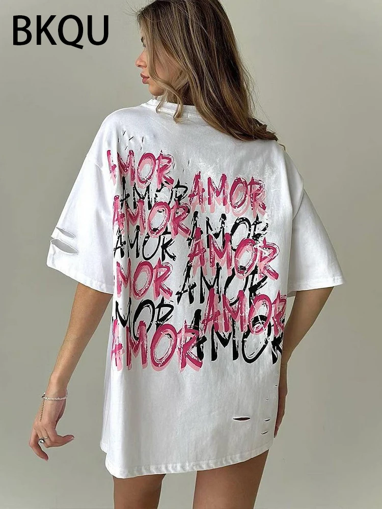 BKQU Letter Print Oversized T Shirt Aesthetic Y2k Ripped Clothes Women Short Sleeve Fashion Contrast Holes Loose Tee Streetwear