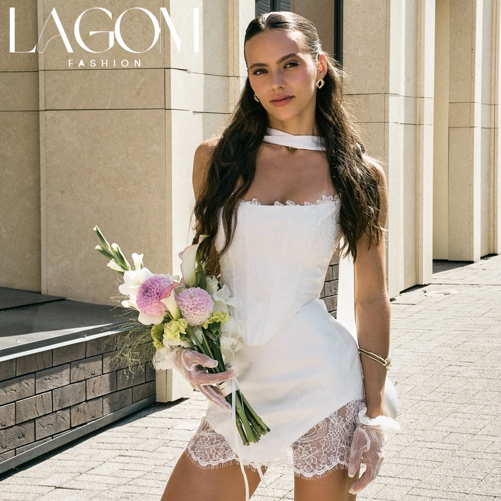 Lagom 2Pcs Strapless Boned Corset Lace Irregular Hem Detachable Neck Strap Civil Mini Wedding Dress Vestido De NoviaCustomized